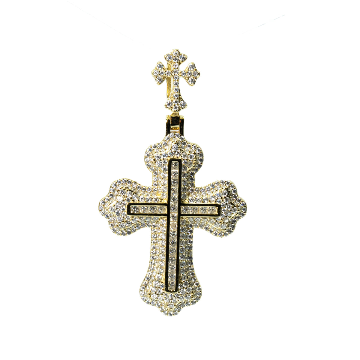 14K Gold Over Silver Moissanite Pave Double Cross Pendant 8ct