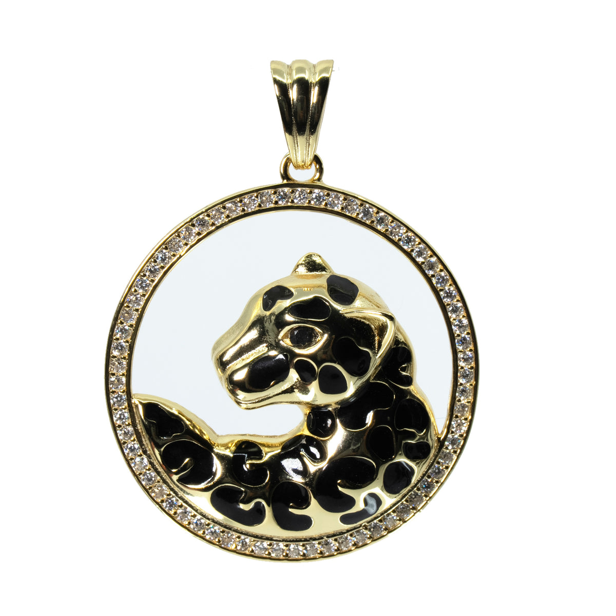 Gold Over Silver Moissanite Pavé Circle Pendant with Enamel Leopard Design 3.3ct