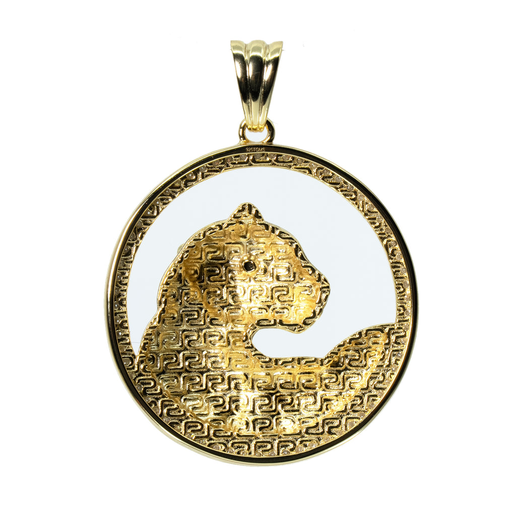 Gold Over Silver Moissanite Pavé Circle Pendant with Enamel Leopard Design 3.3ct (2)