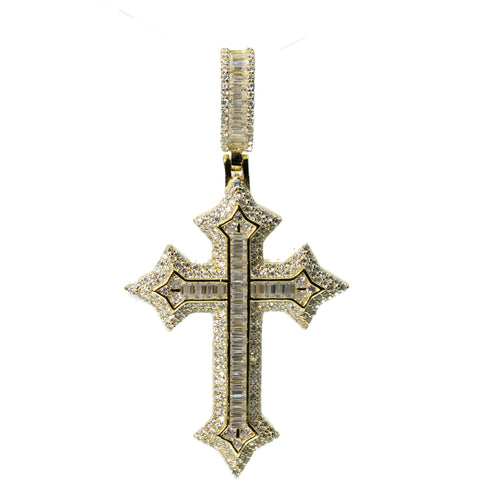 14K Gold Over Silver Moissanite Baguette and Pave Cross Pendant 3.21ct