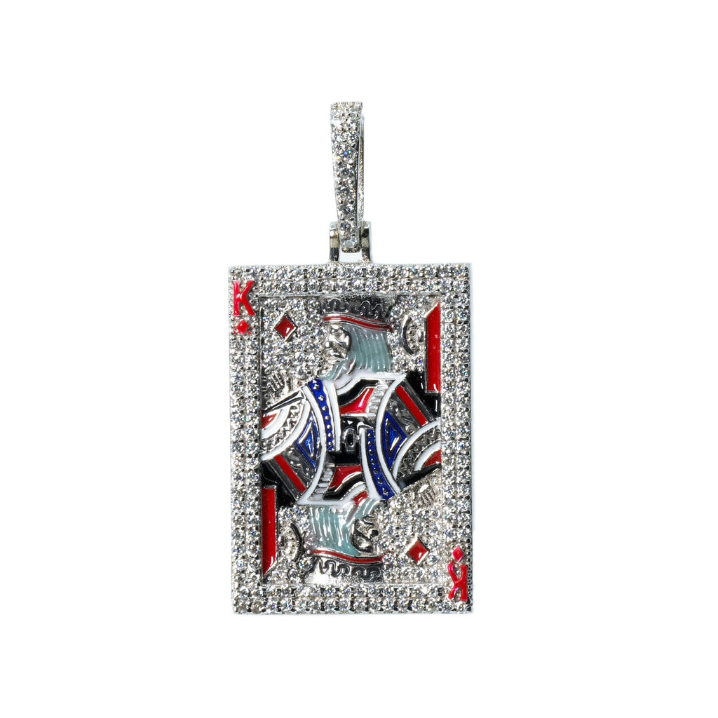 King of Diamonds Iced Out Playing Card Pendant in Silver with Moissanite