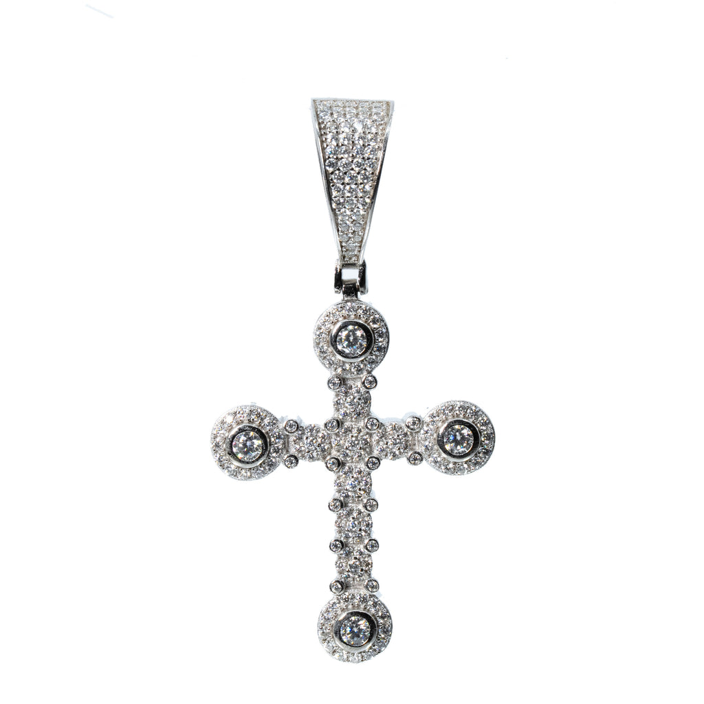 Men’s 925 Sterling Silver Moissanite Cross Pendant with Pave and Bezel Set Circles 2.19ct