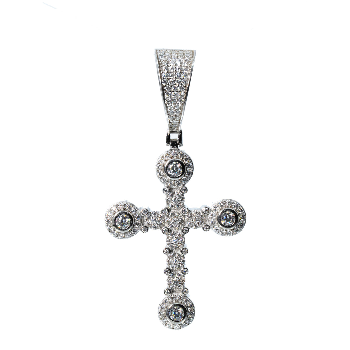 Men’s 925 Sterling Silver Moissanite Cross Pendant with Pave and Bezel Set Circles 2.19ct