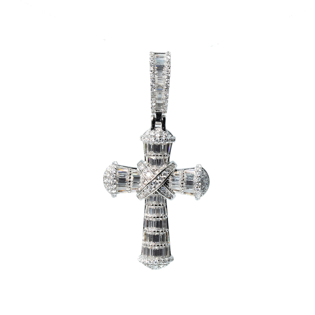 Baguette Moissanite Cross Pendant with Pave Accents in 925 Sterling Silver 3.59ct