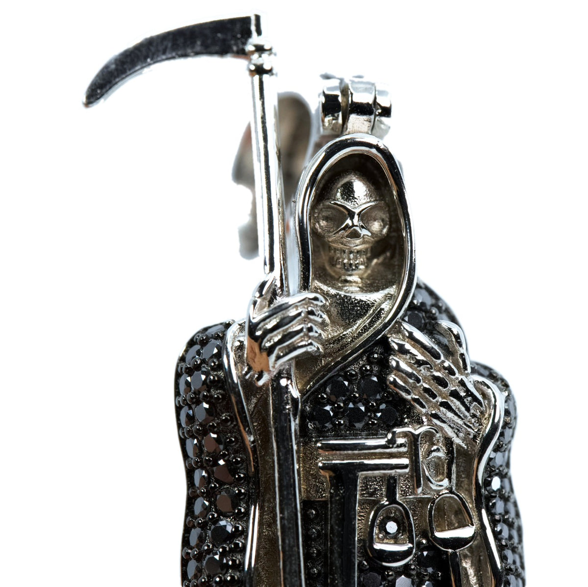 Sterling Silver Grim Reaper Pendant with Black Moissanite Pavé Robe and Scythe, 1.8in, 2.5ct (2)