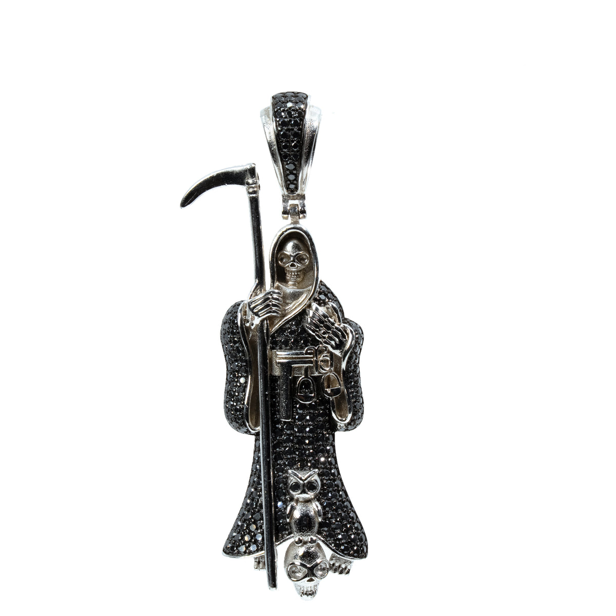 Sterling Silver Grim Reaper Pendant with Black Moissanite Pavé Robe and Scythe, 1.8in, 2.5ct