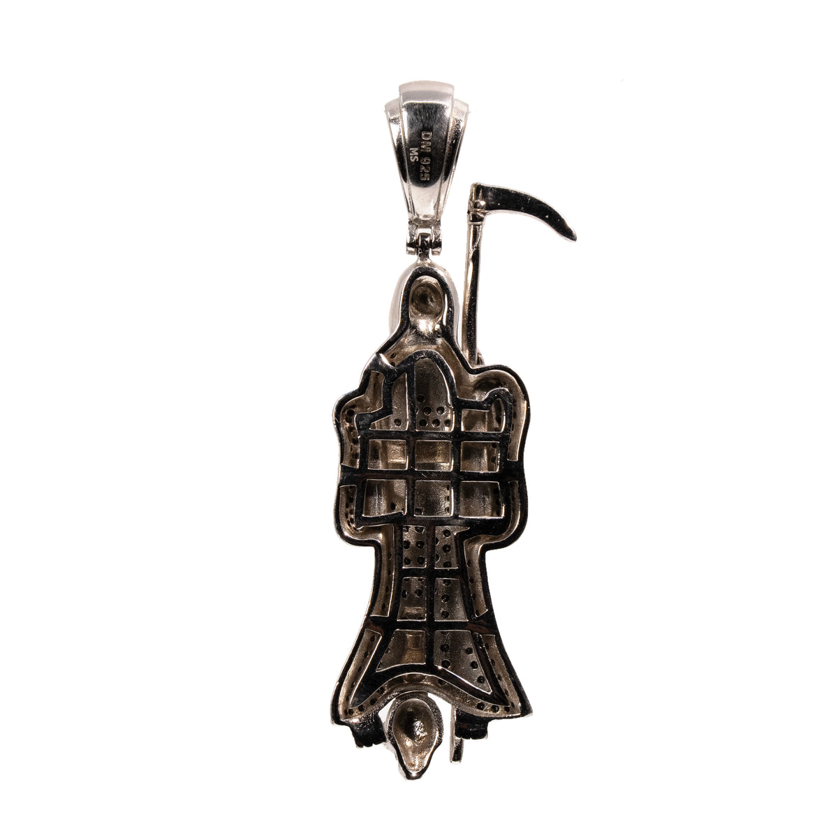 Sterling Silver Grim Reaper Pendant with Black Moissanite Pavé Robe and Scythe, 1.8in, 2.5ct (4)