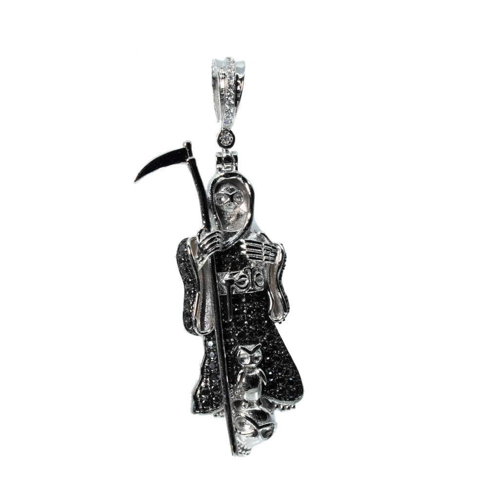Sterling Silver Grim Reaper Pendant with Black Moissanite 3ct