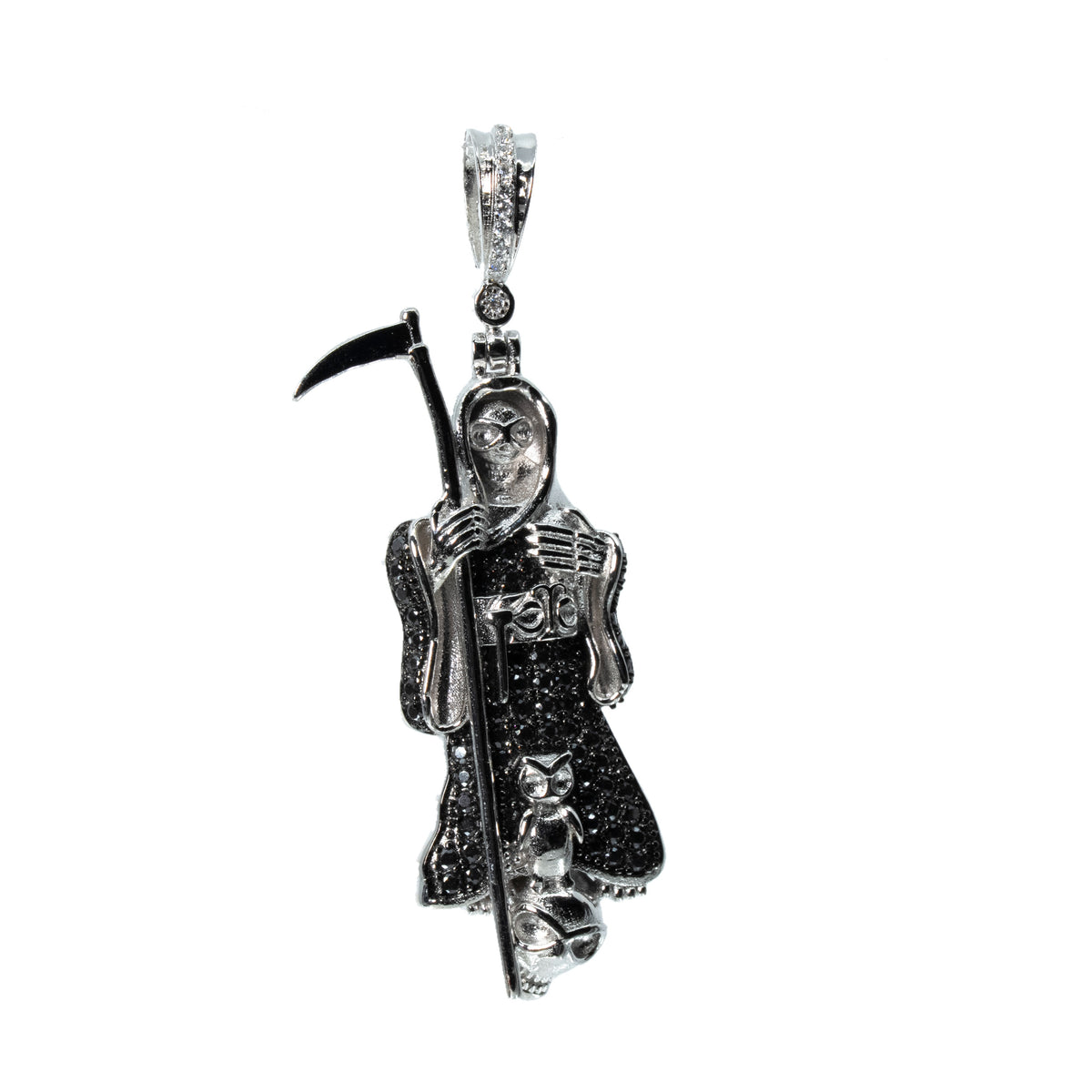 Sterling Silver Grim Reaper Pendant with Black Moissanite 3ct