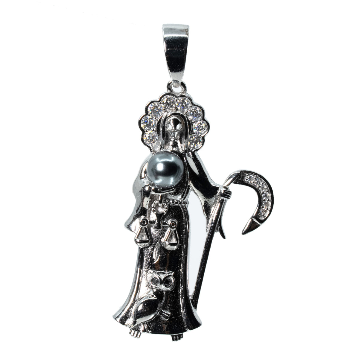 Sterling Silver Moissanite Grim Reaper Scythe and Scales Pendant 1.00ct