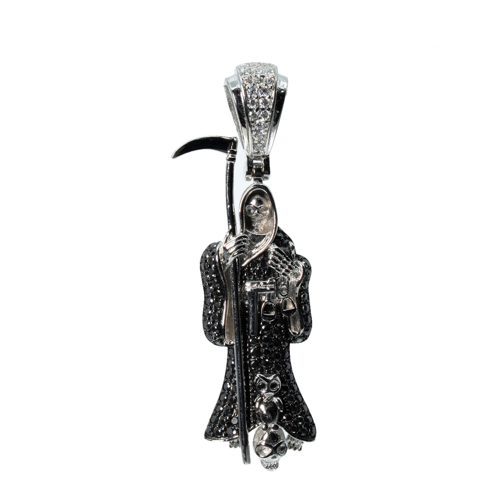 Silver Grim Reaper Pendant with Black & White moissanite