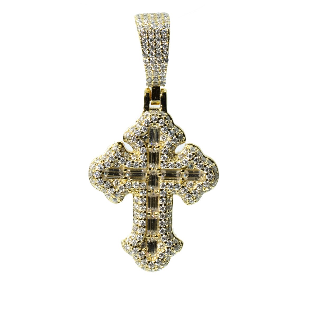 14K Gold Over Silver Pave Moissanite Baguette Cross Pendant 3.00ct