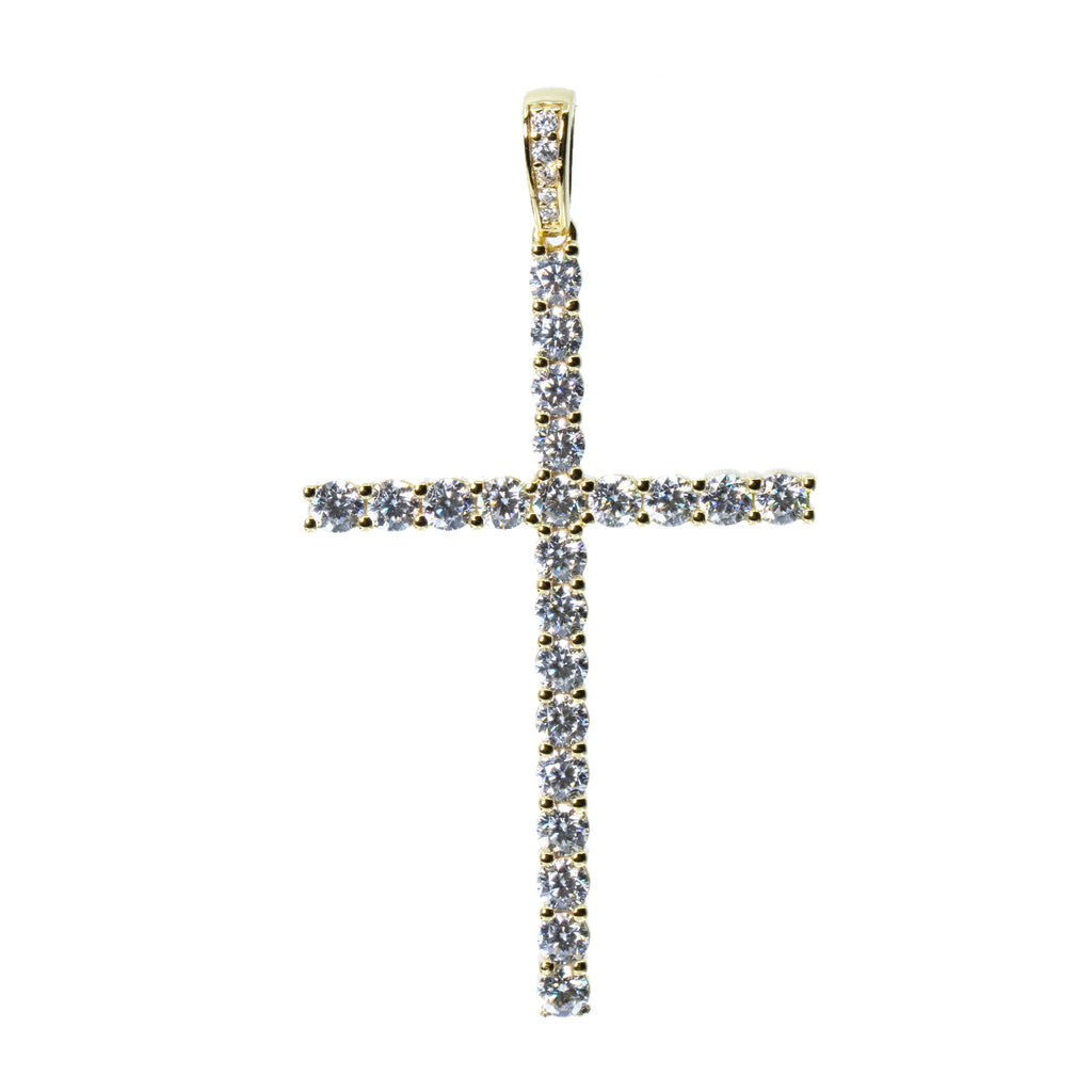 14K Gold Over Silver Moissanite Cross Pendant 2.5ct Round Stones