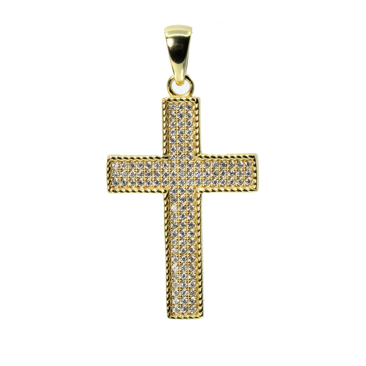 14K Gold Over Silver Moissanite Pavé Cross Pendant with Rope Edge