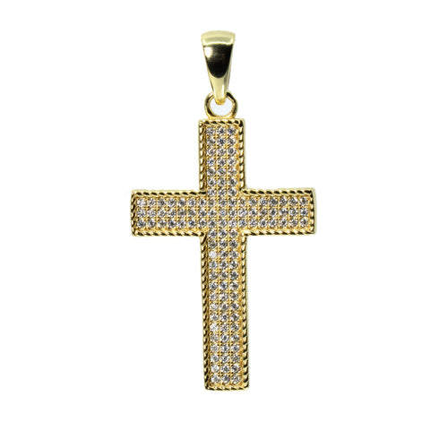 14K Gold Over Silver Moissanite Pavé Cross Pendant with Rope Edge