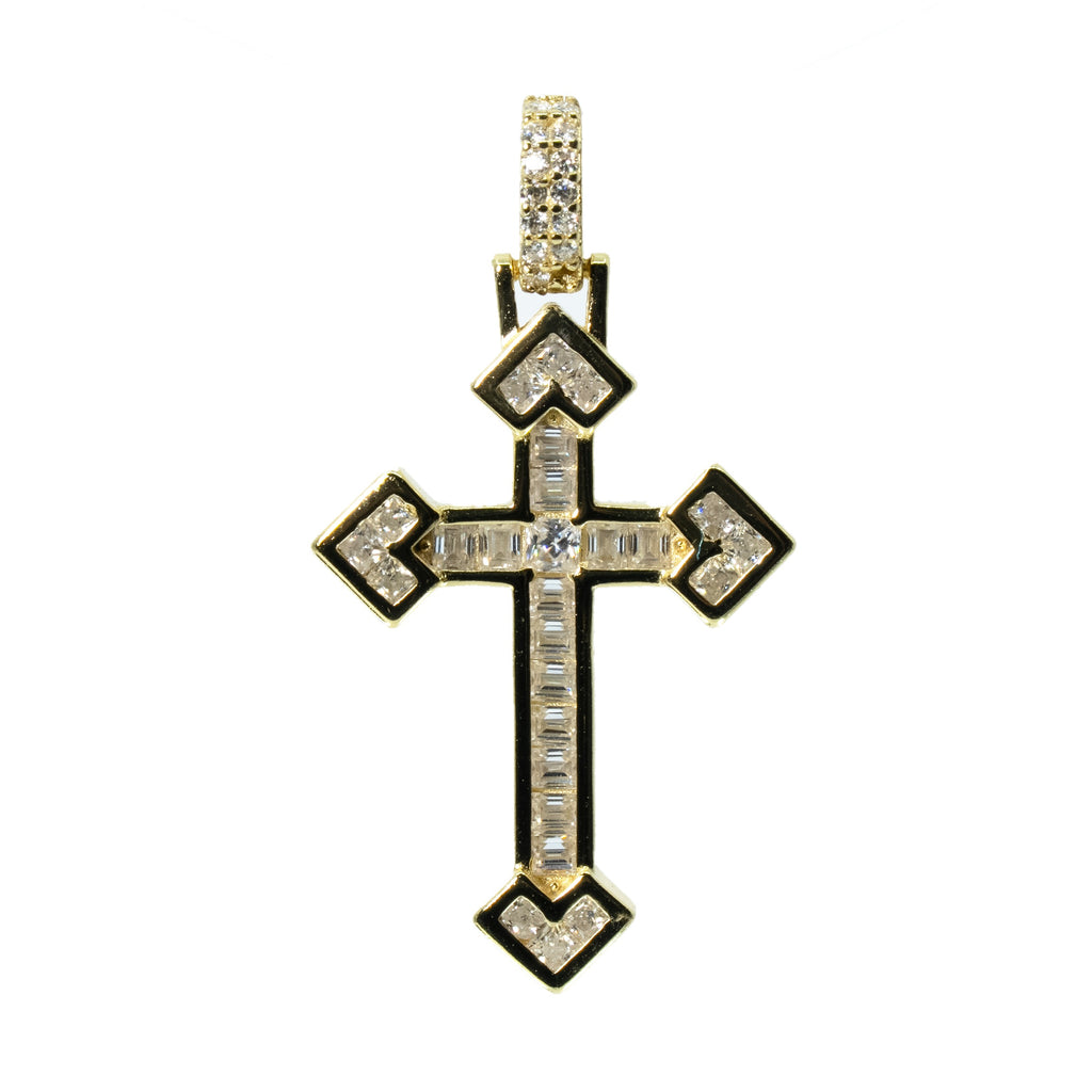 14K Gold Over Silver Geometric Cross Pendant with Moissanite Baguette and Round Accents 0.90ct