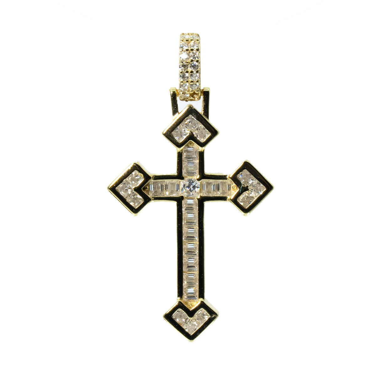 14K Gold Over Silver Geometric Cross Pendant with Moissanite Baguette and Round Accents 0.90ct