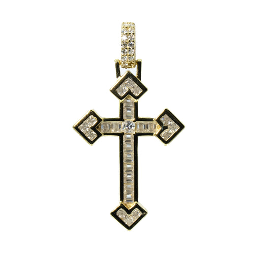 14K Gold Over Silver Geometric Cross Pendant with Moissanite Baguette and Round Accents 0.90ct