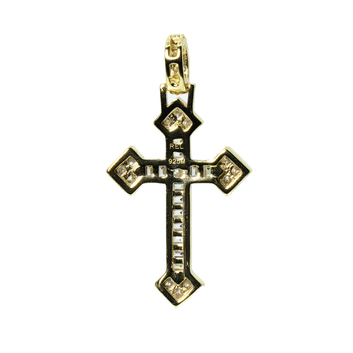 14K Gold Over Silver Geometric Cross Pendant with Moissanite Baguette and Round Accents 0.90ct (2)