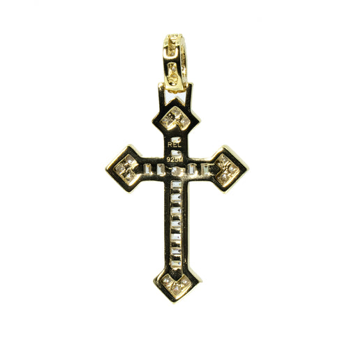 14K Gold Over Silver Geometric Cross Pendant with Moissanite Baguette and Round Accents 0.90ct (2)