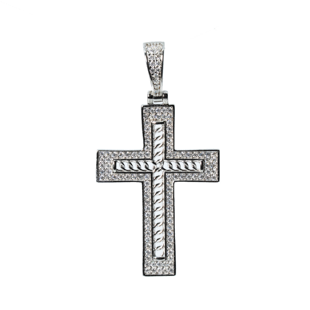 925 Sterling Silver Moissanite Pave Cross Pendant with Chain Detail, 1.0ct