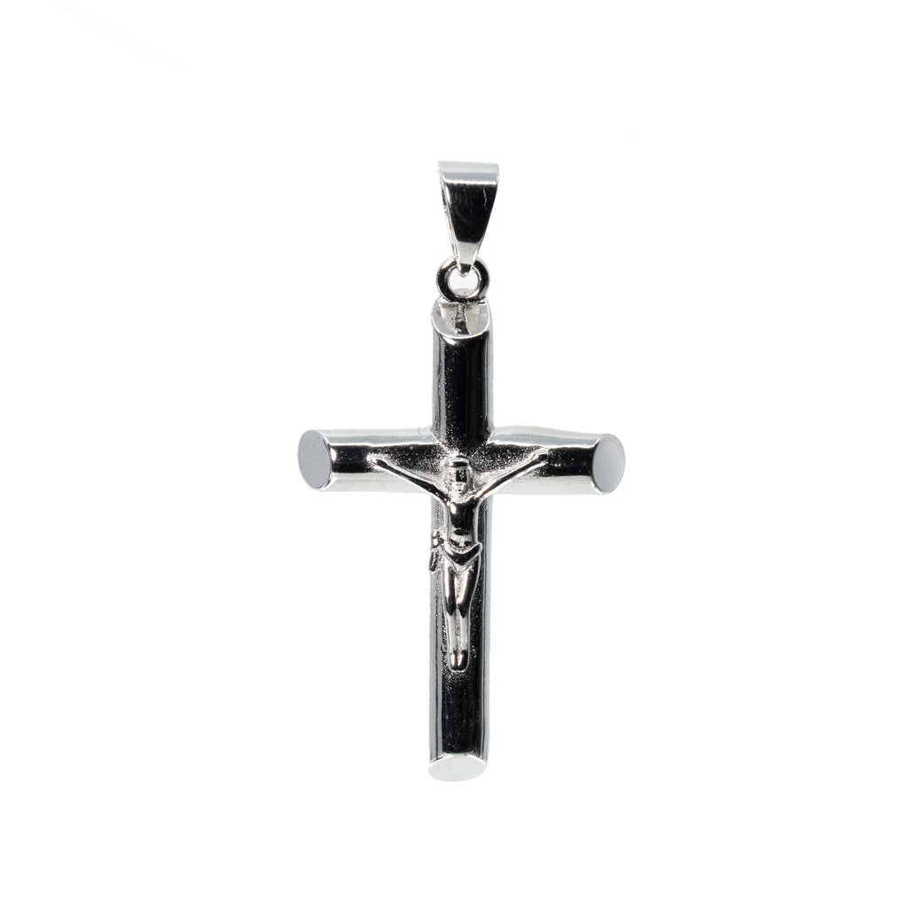 Polished 925 Sterling Silver Tubular Crucifix Pendant with Jesus Figure