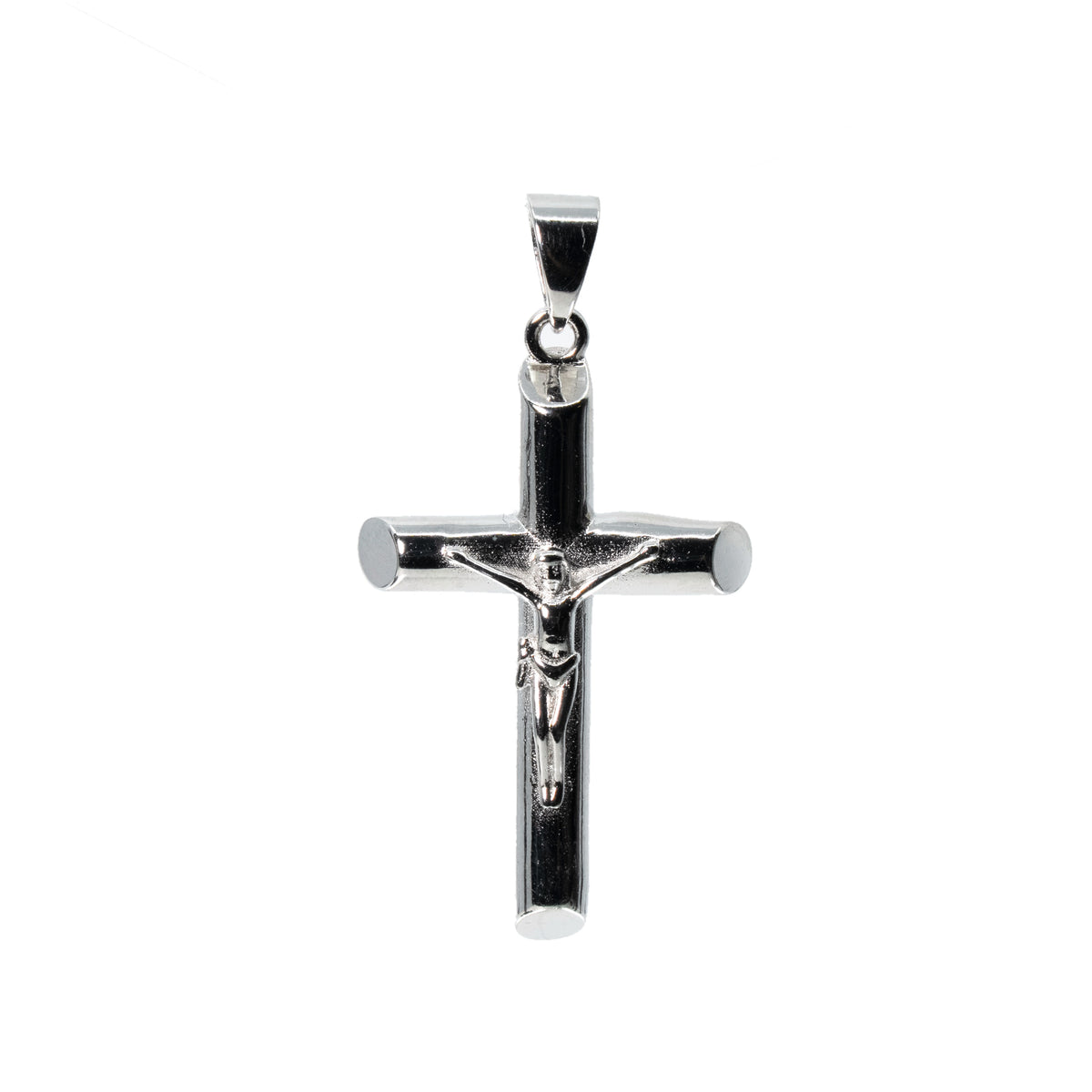 Polished 925 Sterling Silver Tubular Crucifix Pendant with Jesus Figure