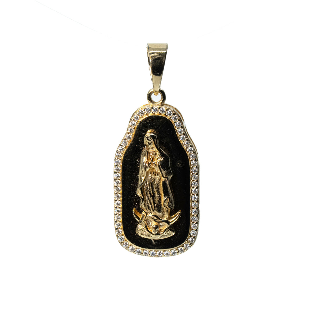 Virgin Mary Framed Moissanite Halo Brown Enamel Sterling Silver Pendant