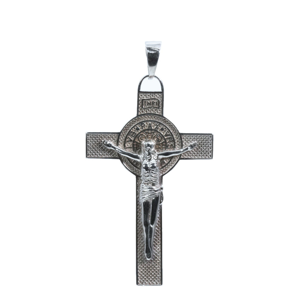 Textured 925 Sterling Silver Crucifix Pendant with Saint Benedict Medal