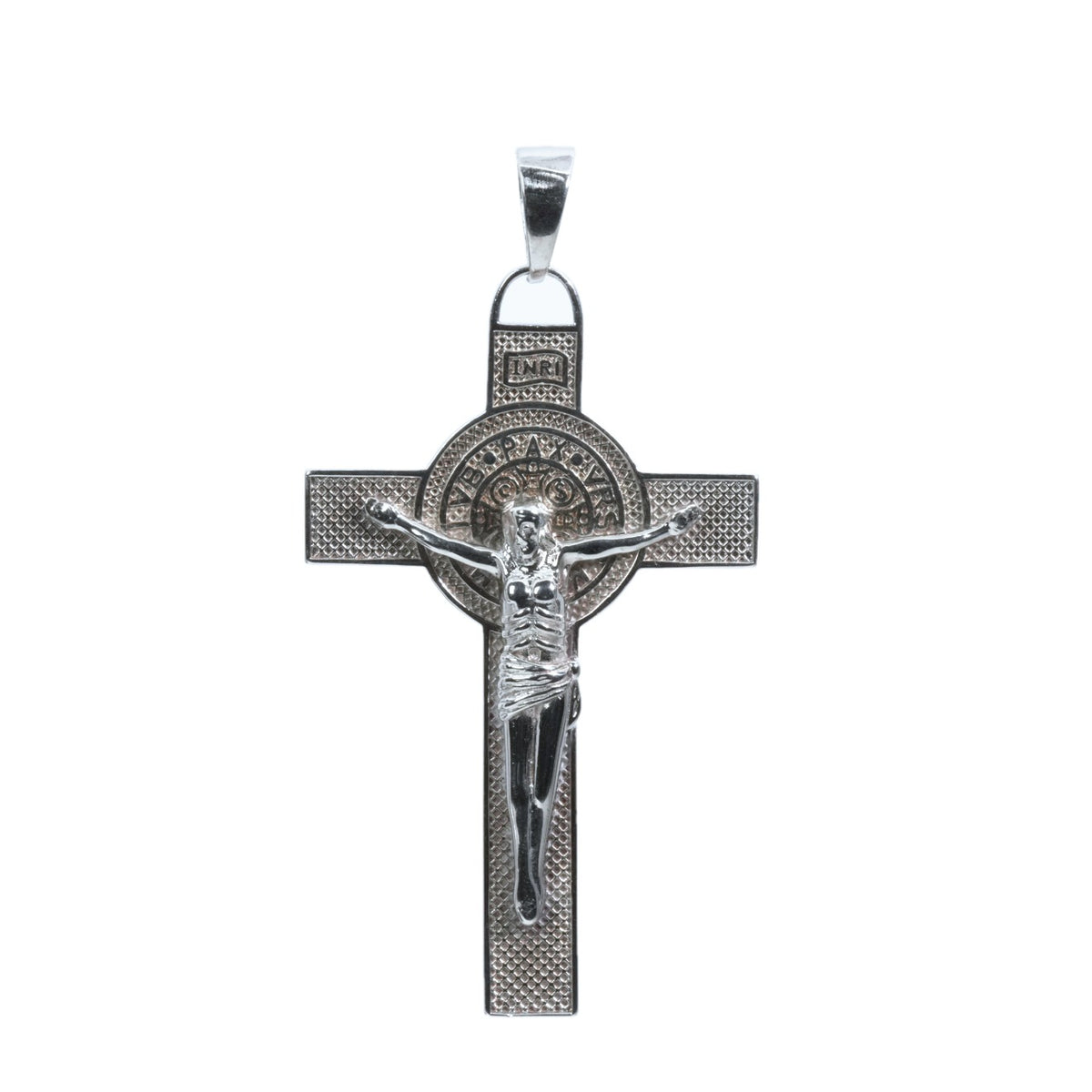 Textured 925 Sterling Silver Crucifix Pendant with Saint Benedict Medal